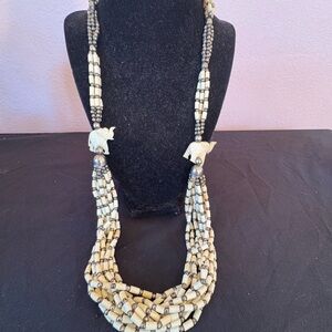 Vintage Multi-Strand Bone & Metal Bead Necklace w/ Carved Elephant Accents $30